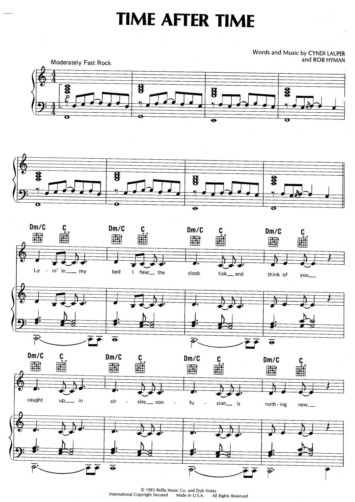 Cyndi Lauper Time After Time Sheet Music Pdf Free Score Download 