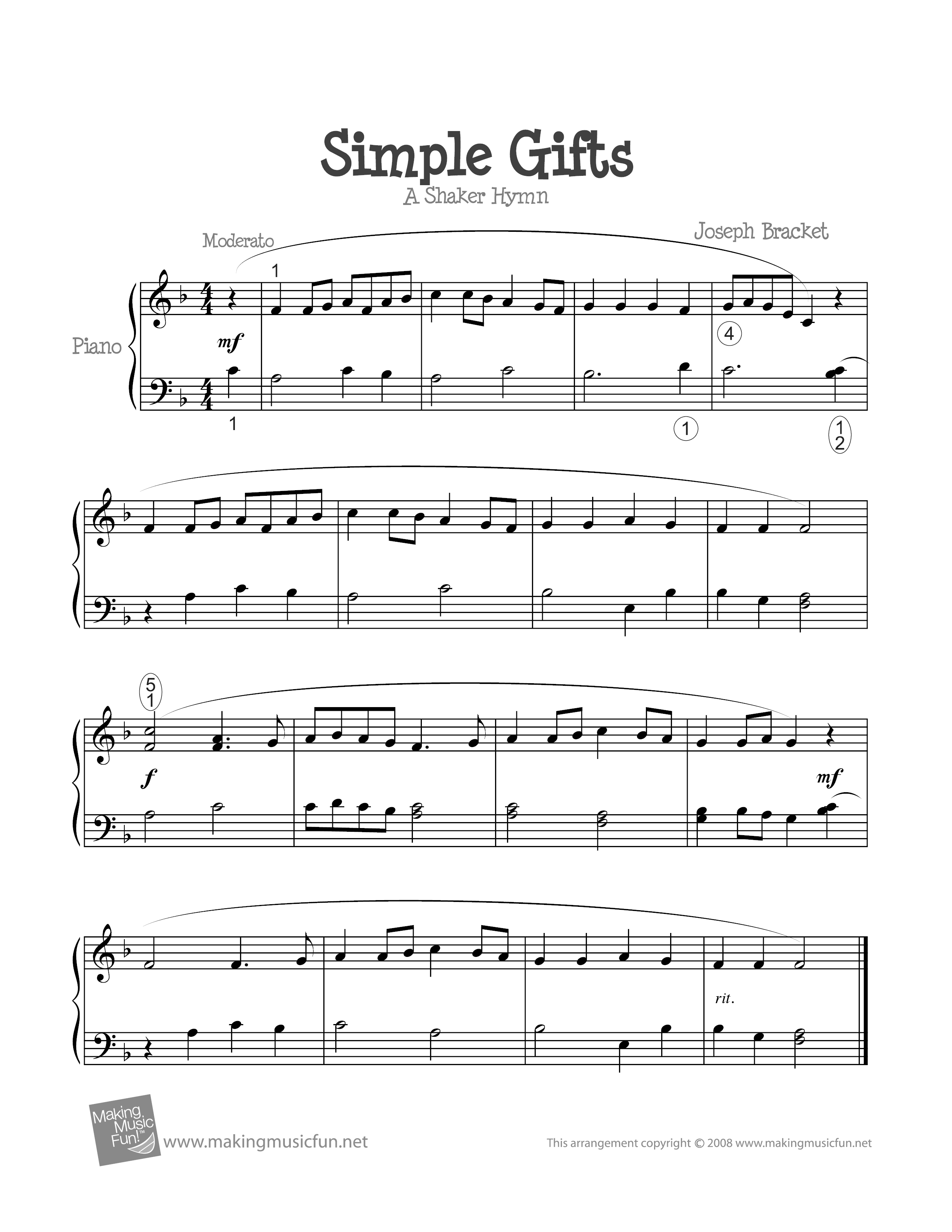 Simple Gifts, free easy hymn sheet music for piano with lyrics