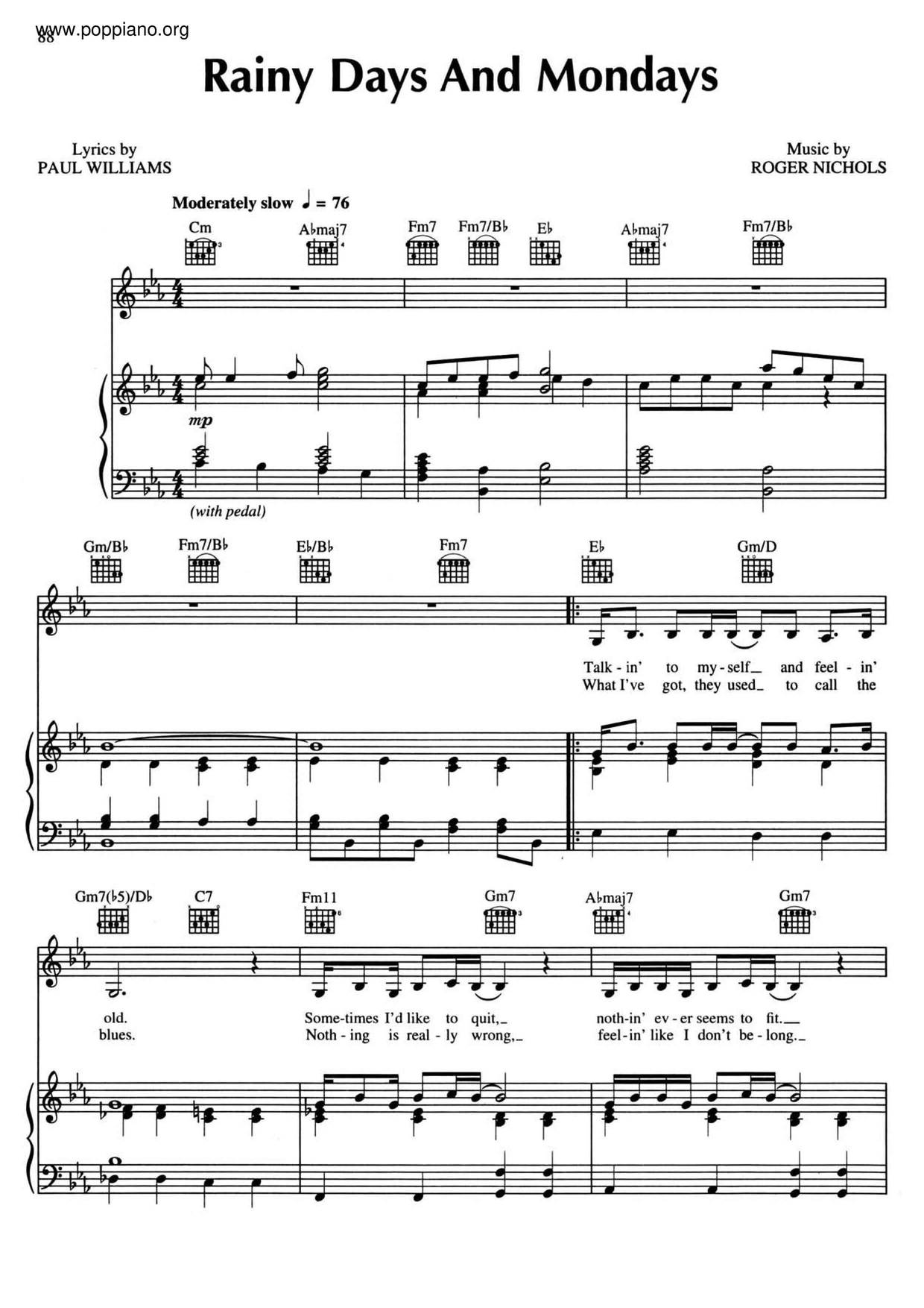Rainy Days and Mondays" Sheet Music by The Carpenters for