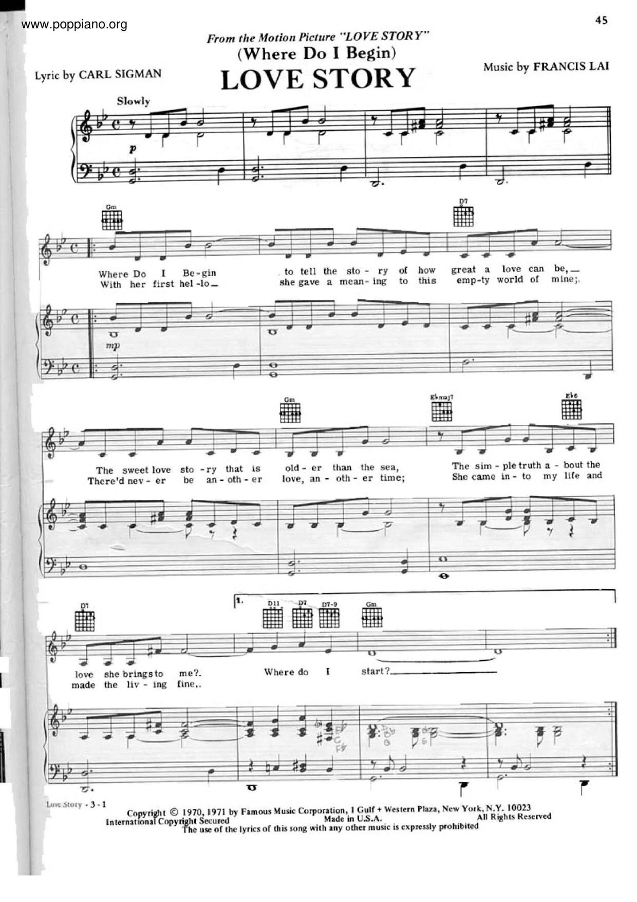 Andy Williams Love Story Sheet Music Pdf Free Score Download ★