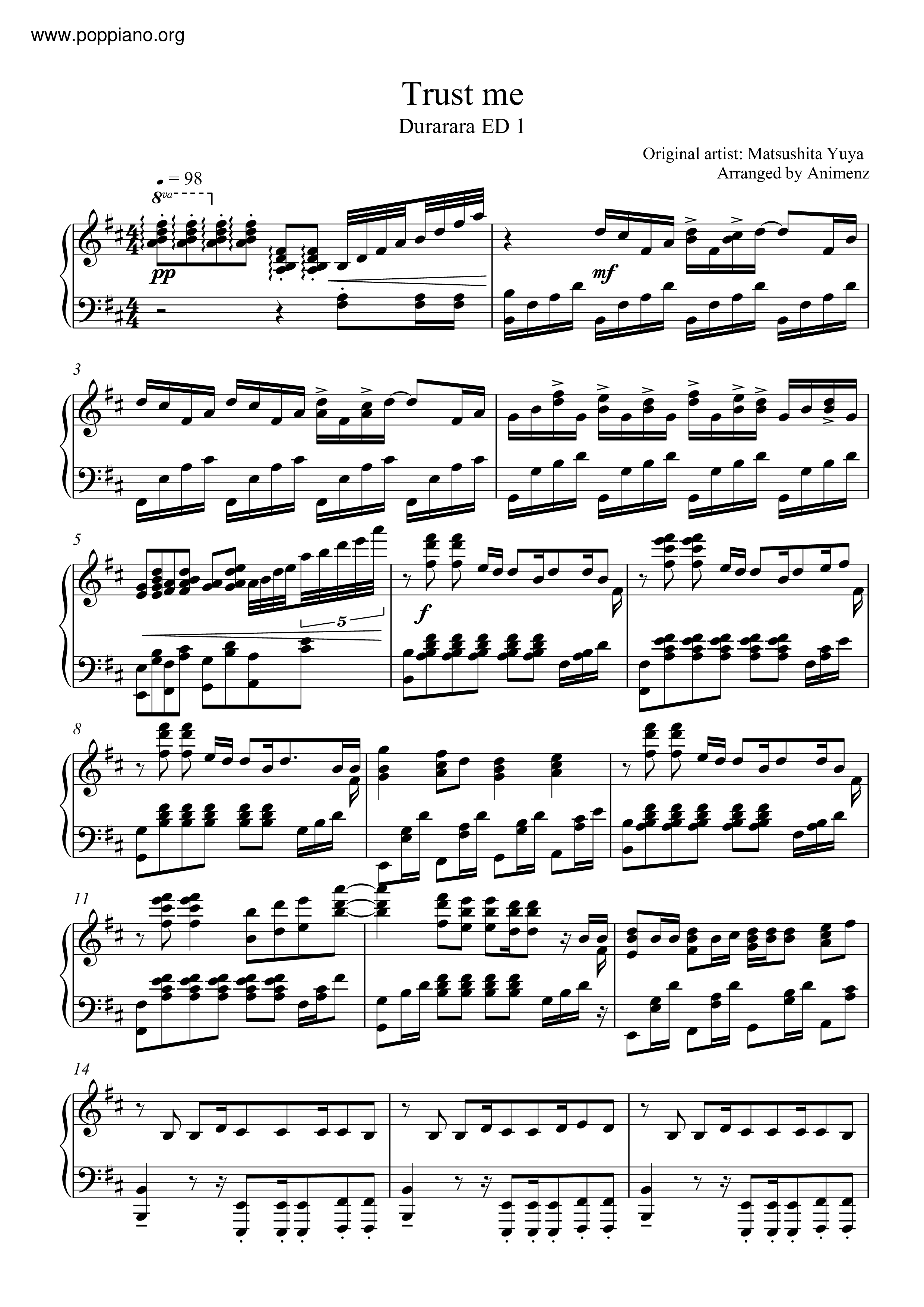 ☆ 松下优也-Durarara - Trust Me 琴谱/五线谱pdf-香港流行钢琴协会琴 
