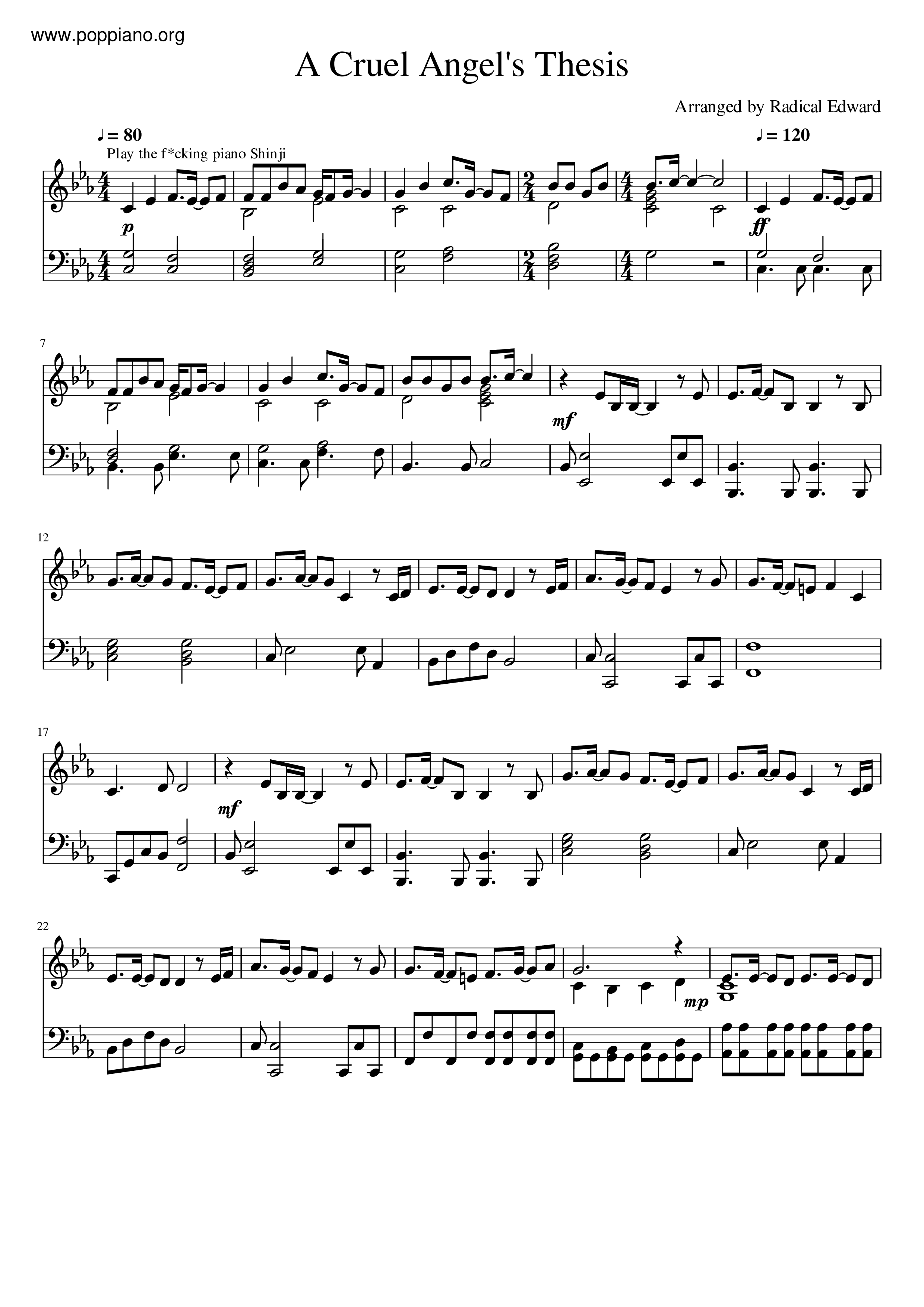 Neon Genesis Evangelion A Cruel Angel S Thesis Sheet Music Pdf 残酷な天使のテーゼ 楽譜 Free Score