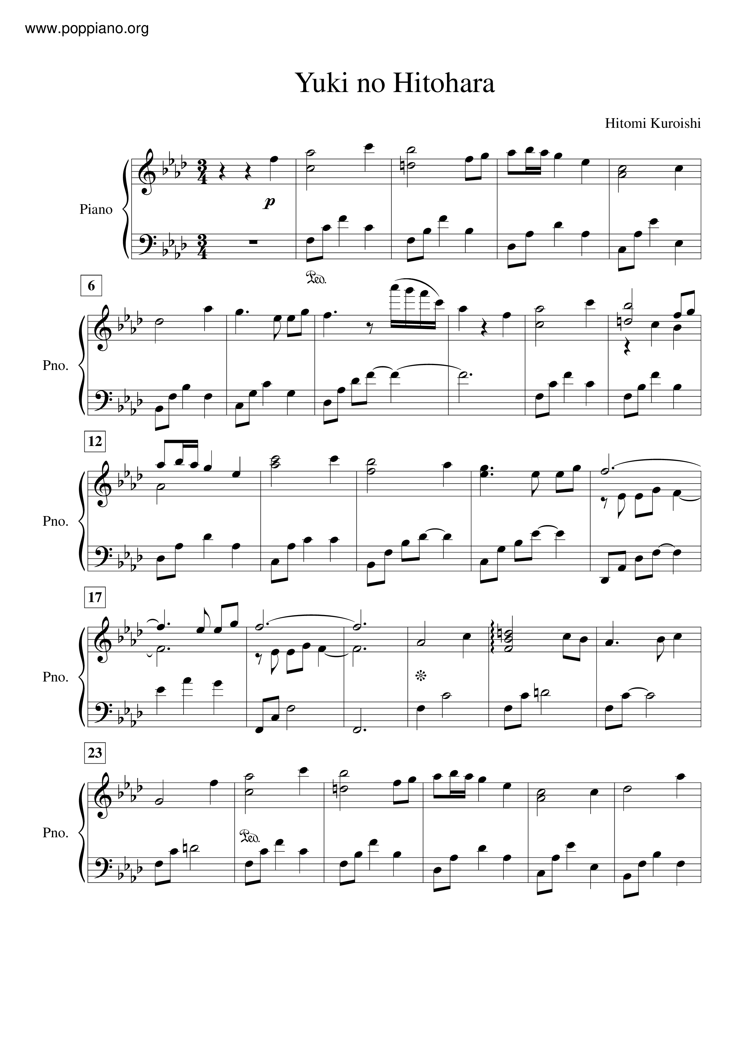 ☆ Yuki No Hitohara | Sheet Music | Piano Score Free PDF Download