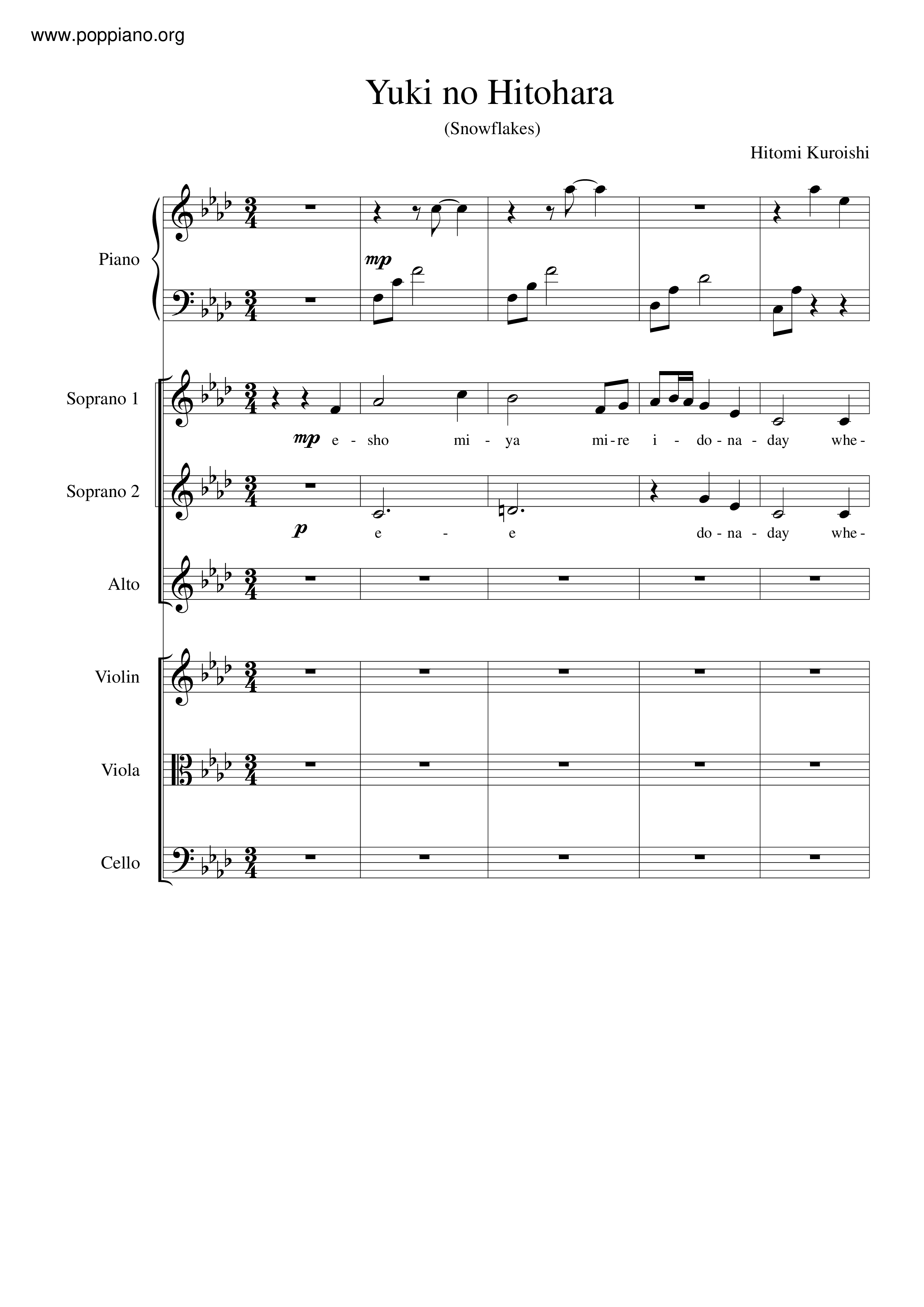 ☆ Yuki No Hitohara | Sheet Music | Piano Score Free PDF Download