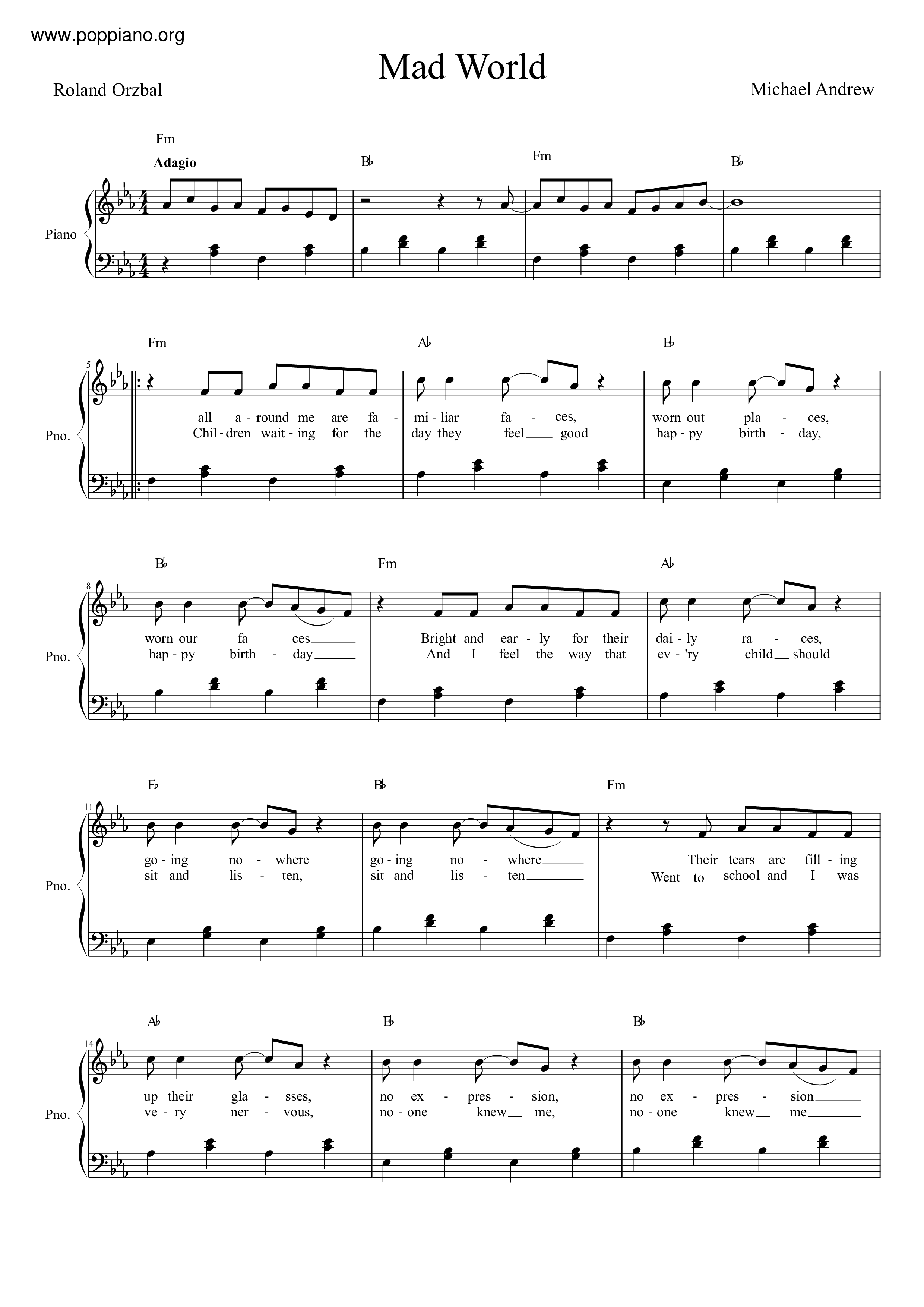 Tears For Fears Gary Jules Mad World Sheet Music Pdf Free Score