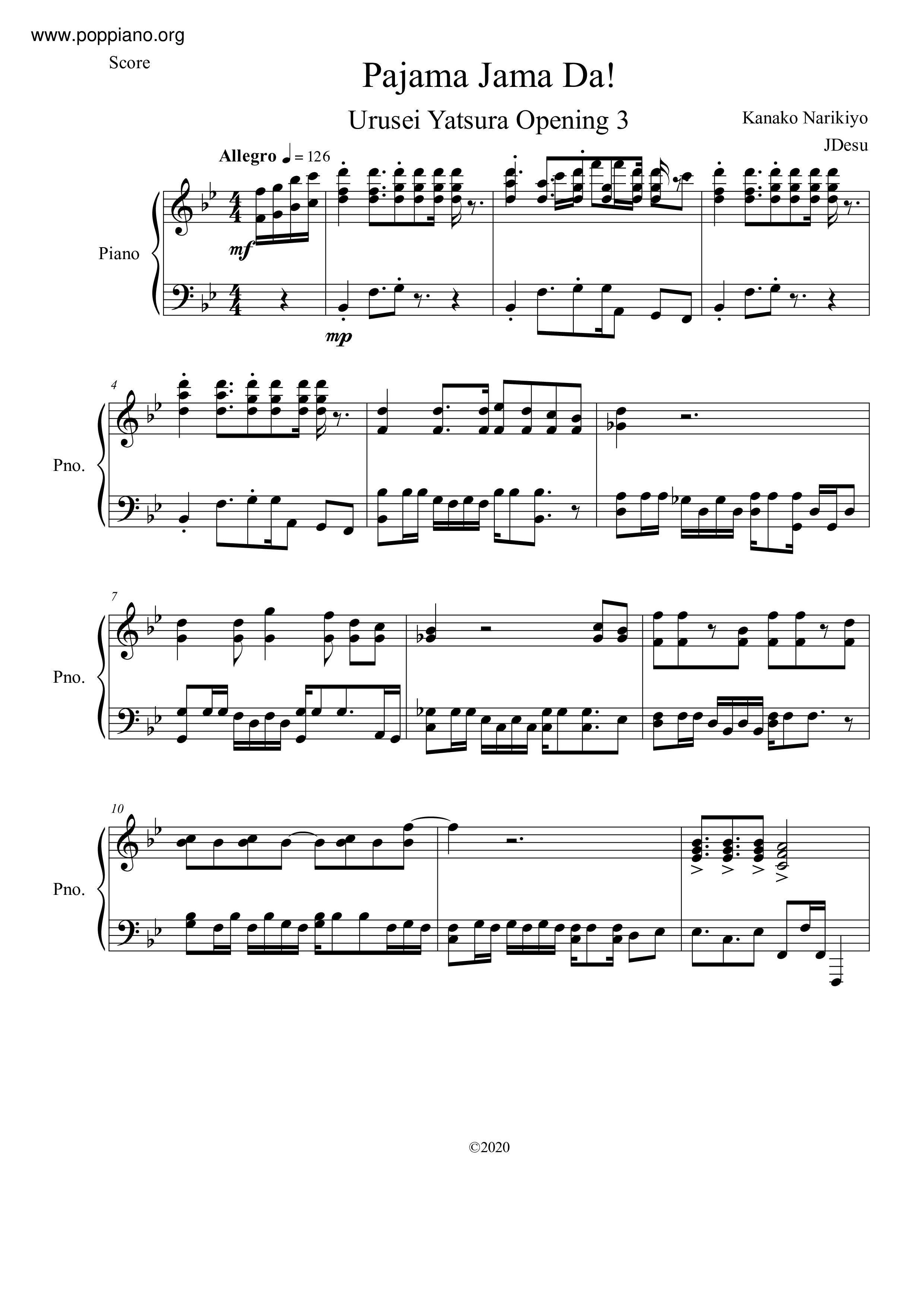 ☆うる星やつら - Pajama Jama Da! ピアノ譜pdf- 香港ポップピアノ協会 