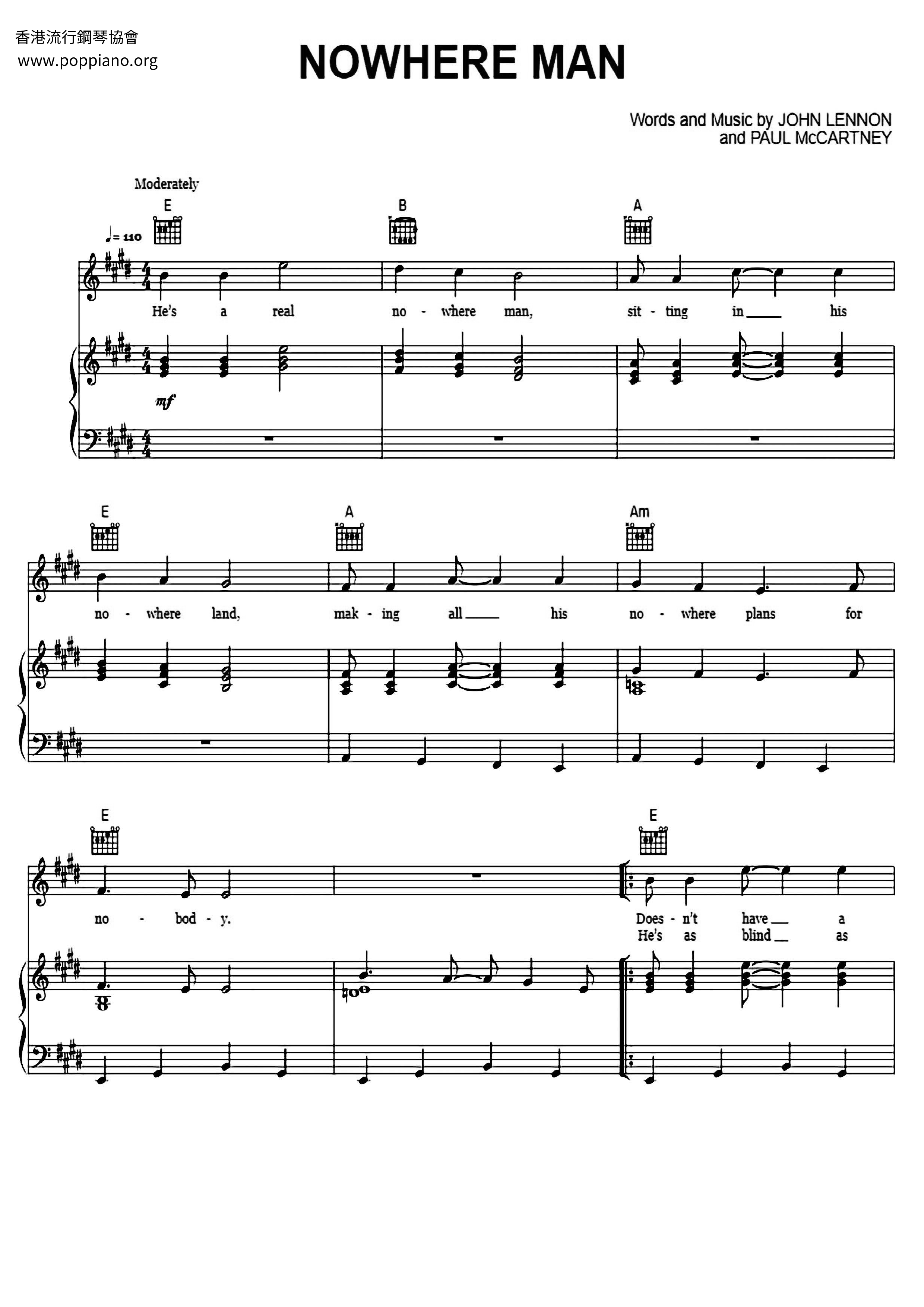 Nowhere Man Sheet Music Piano Score Free PDF Download HK Pop