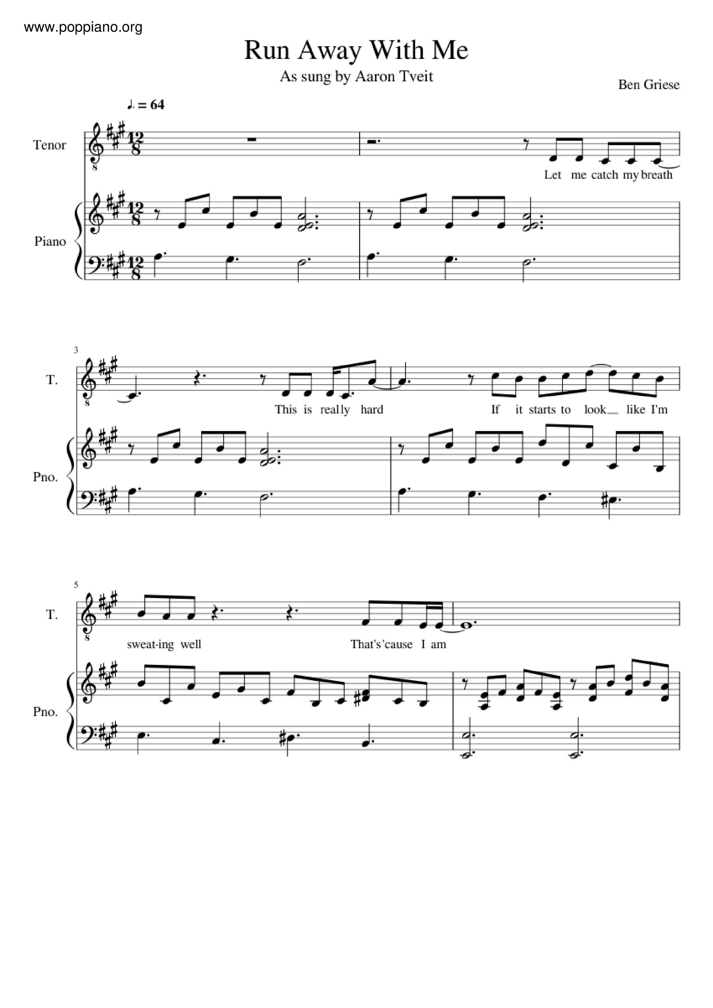 Aaron Tveit-Run Away With Me Sheet Music pdf, - Free Score Download ★