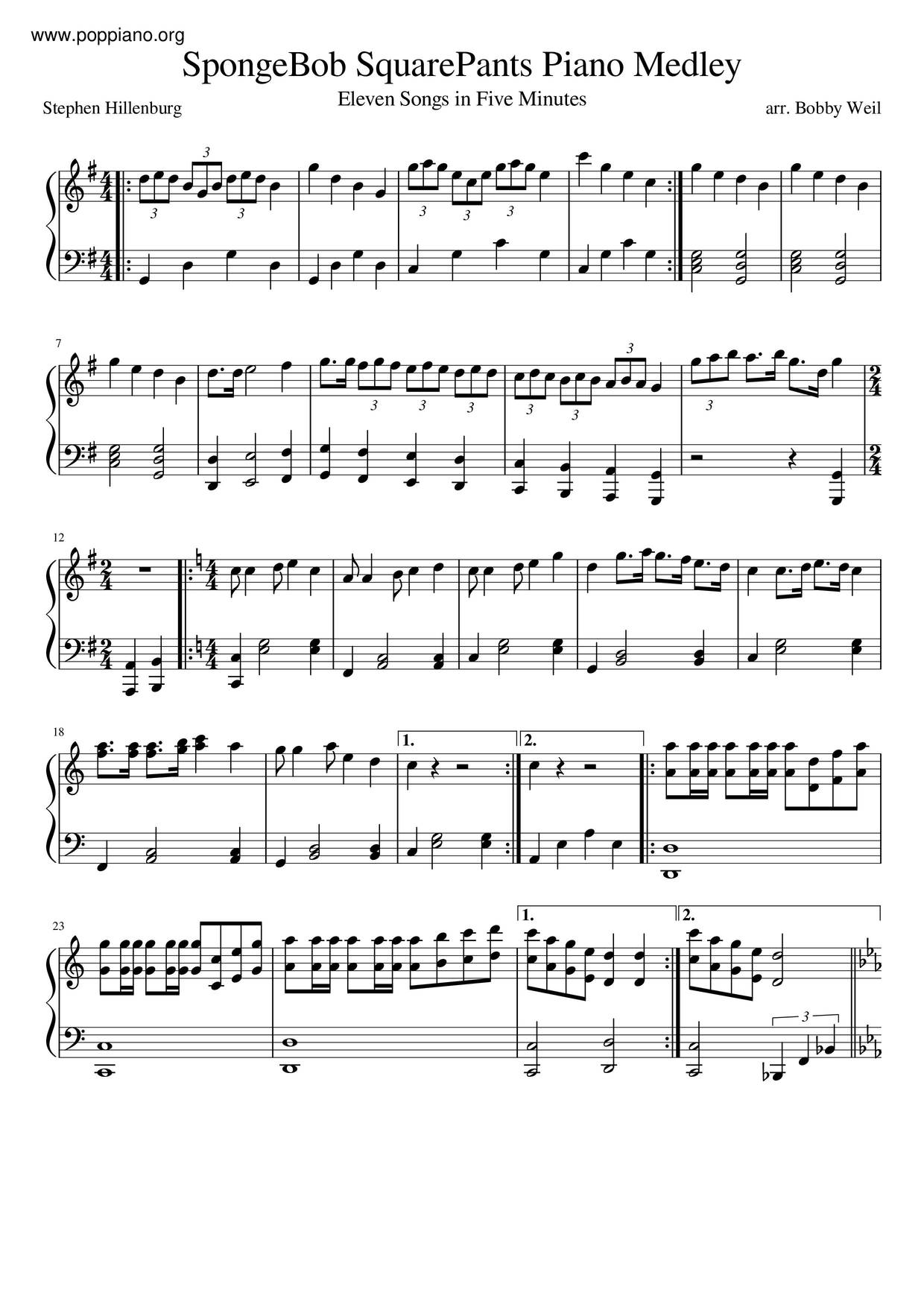 Stephen Hillenburg Spongebob Squarepants Piano Medley Sheet Music Pdf Free Score Download ★ 4482