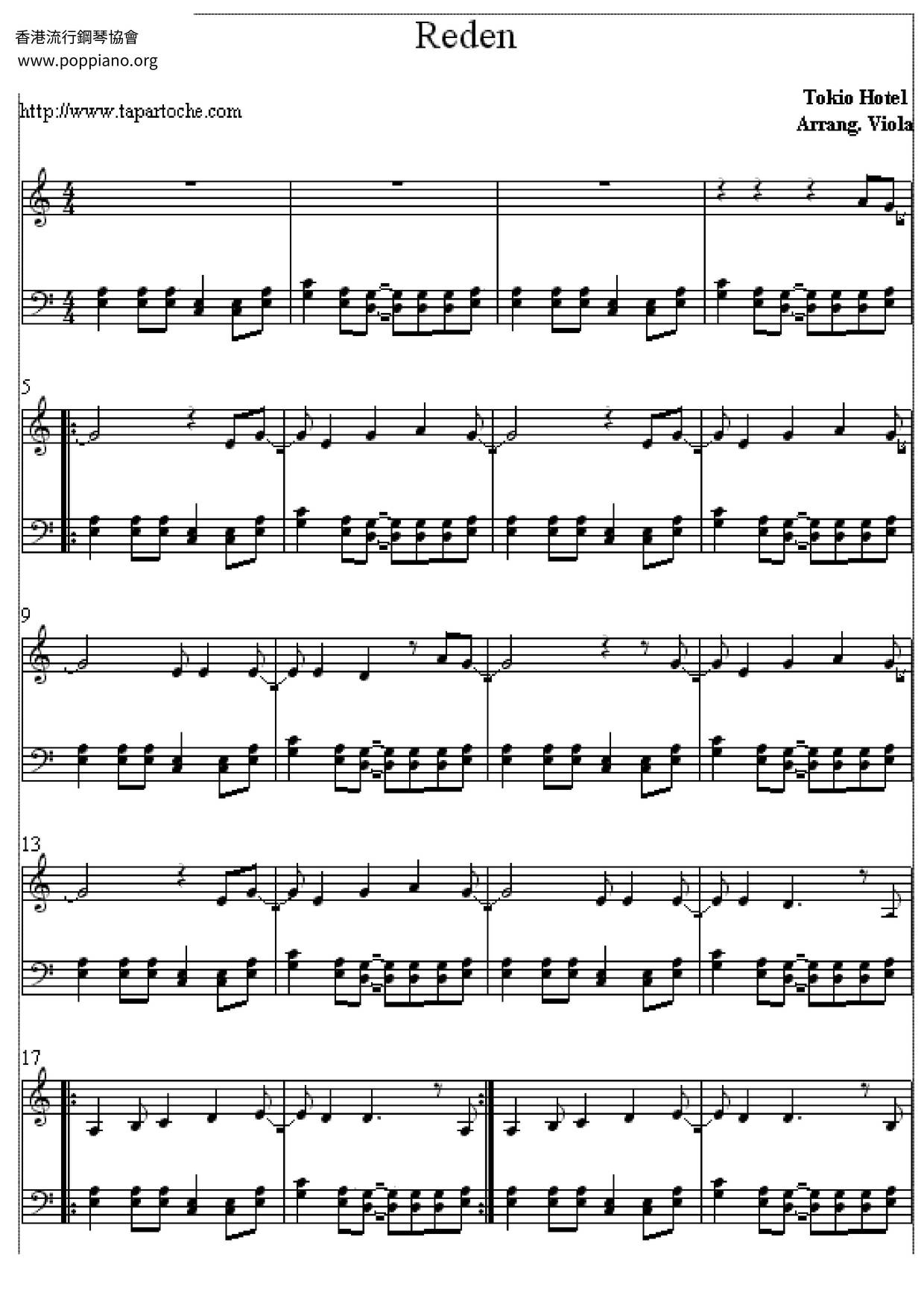 ☆ Tokio Hotel-Reden Sheet Music pdf, - Free Score Download ☆