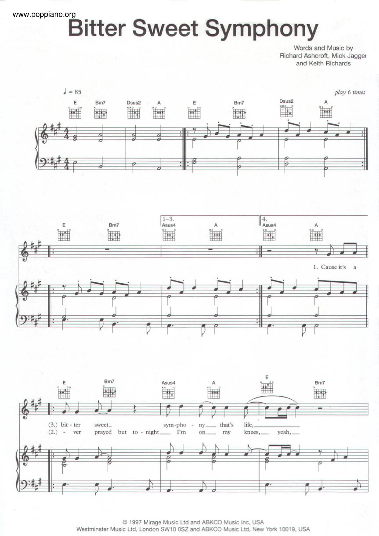 The Verve Bittersweet Symphony Sheet Music In E Major, 53% OFF