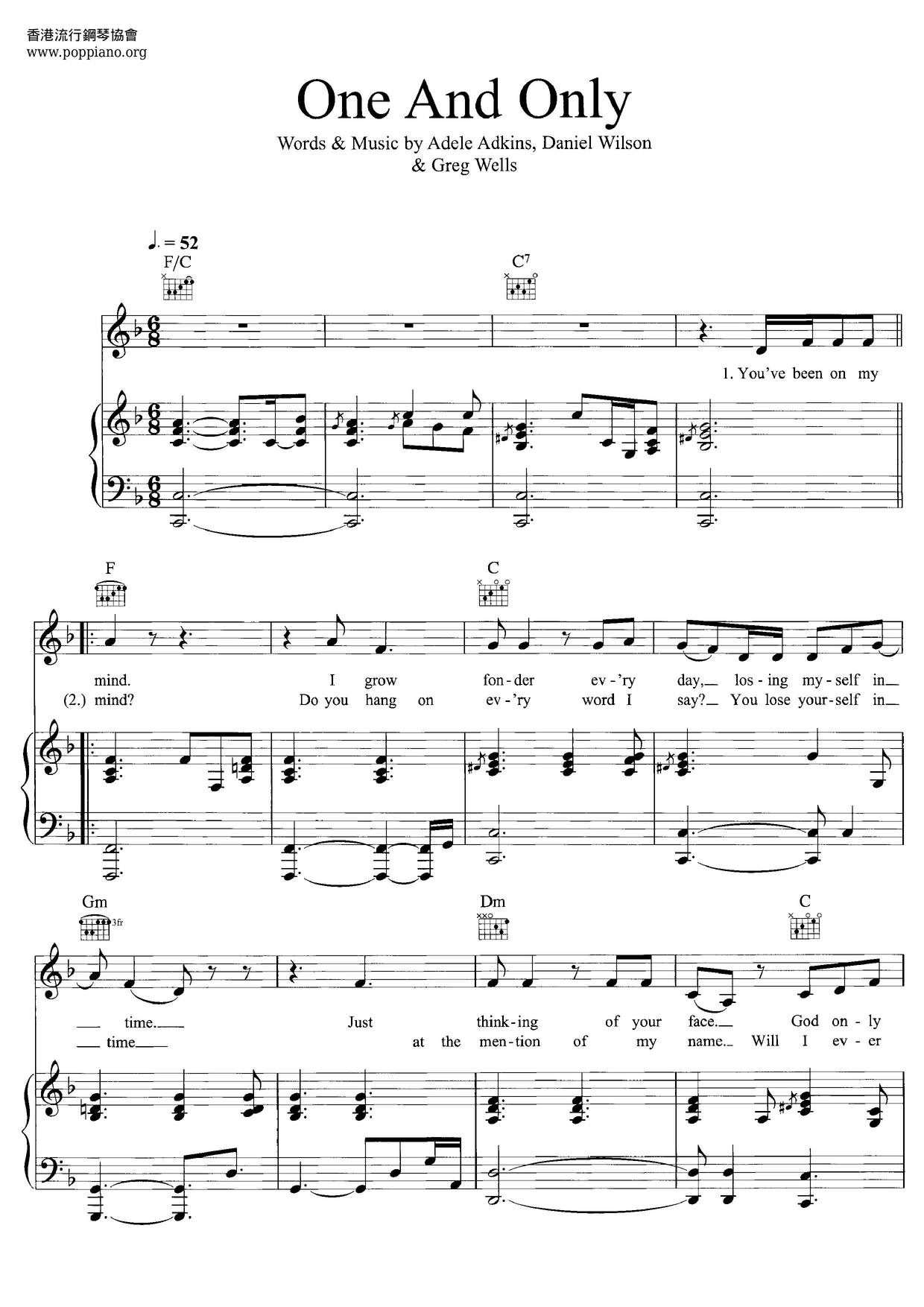 Adele One And Only Sheet Music Pdf Free Score Download 