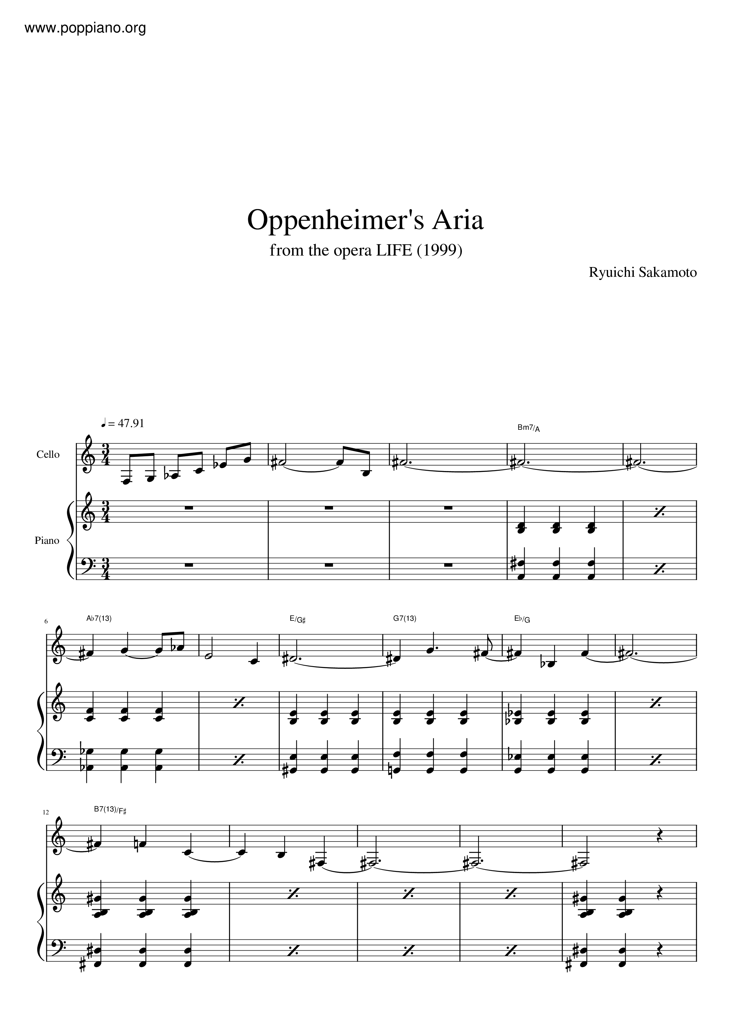 Ryuichi Sakamoto Oppenheimer s Aria Sheet Music Pdf Free Score