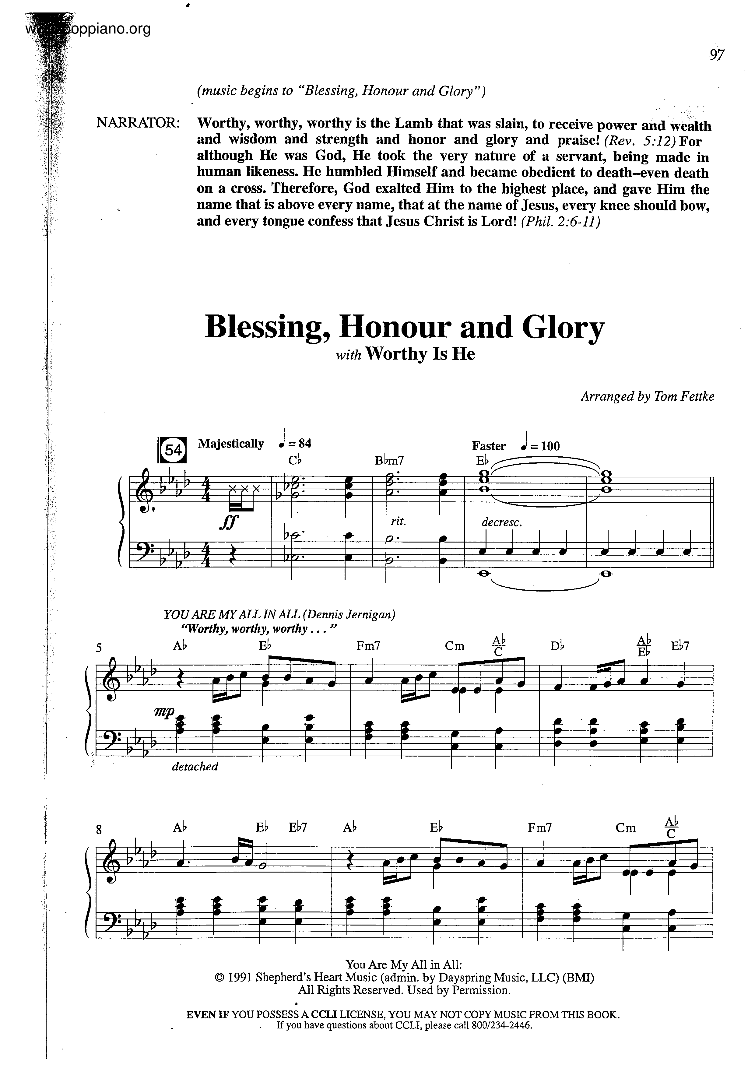 Blessing, Honour And Glory琴譜