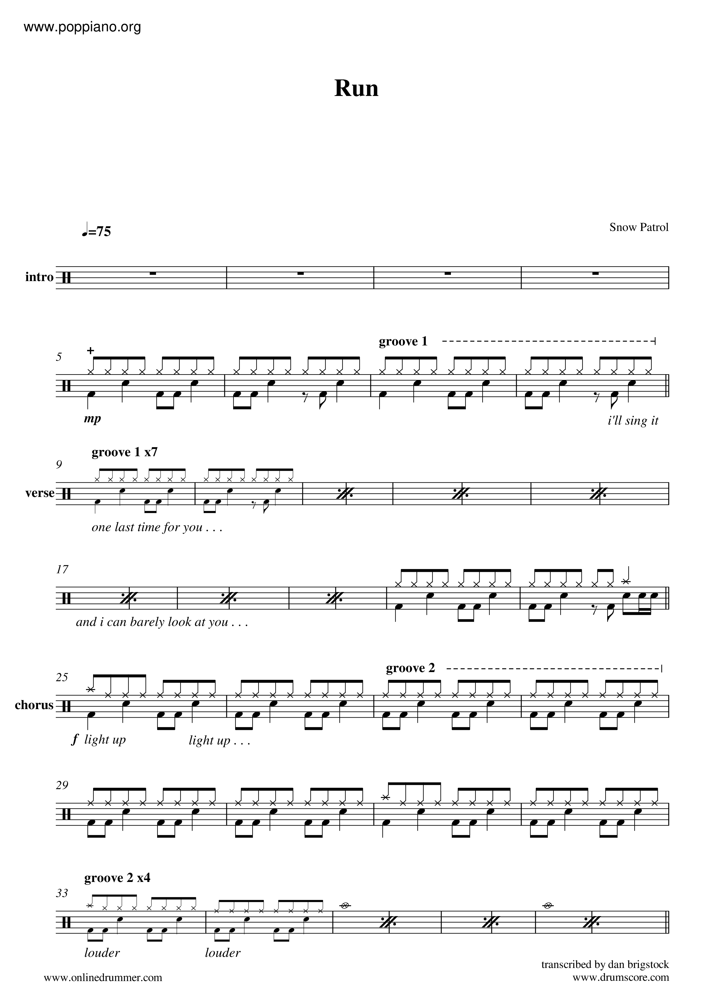 ☆ Snow Patrol-Run Drum Tab pdf, - Free Score Download ☆