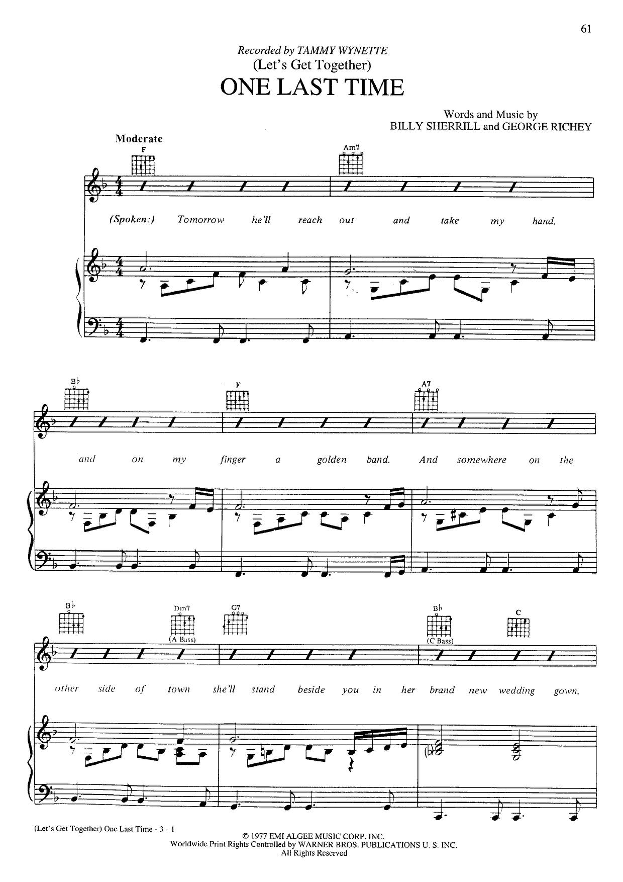 Tammy Wynette One Last Time Sheet Music Pdf Free Score Download 