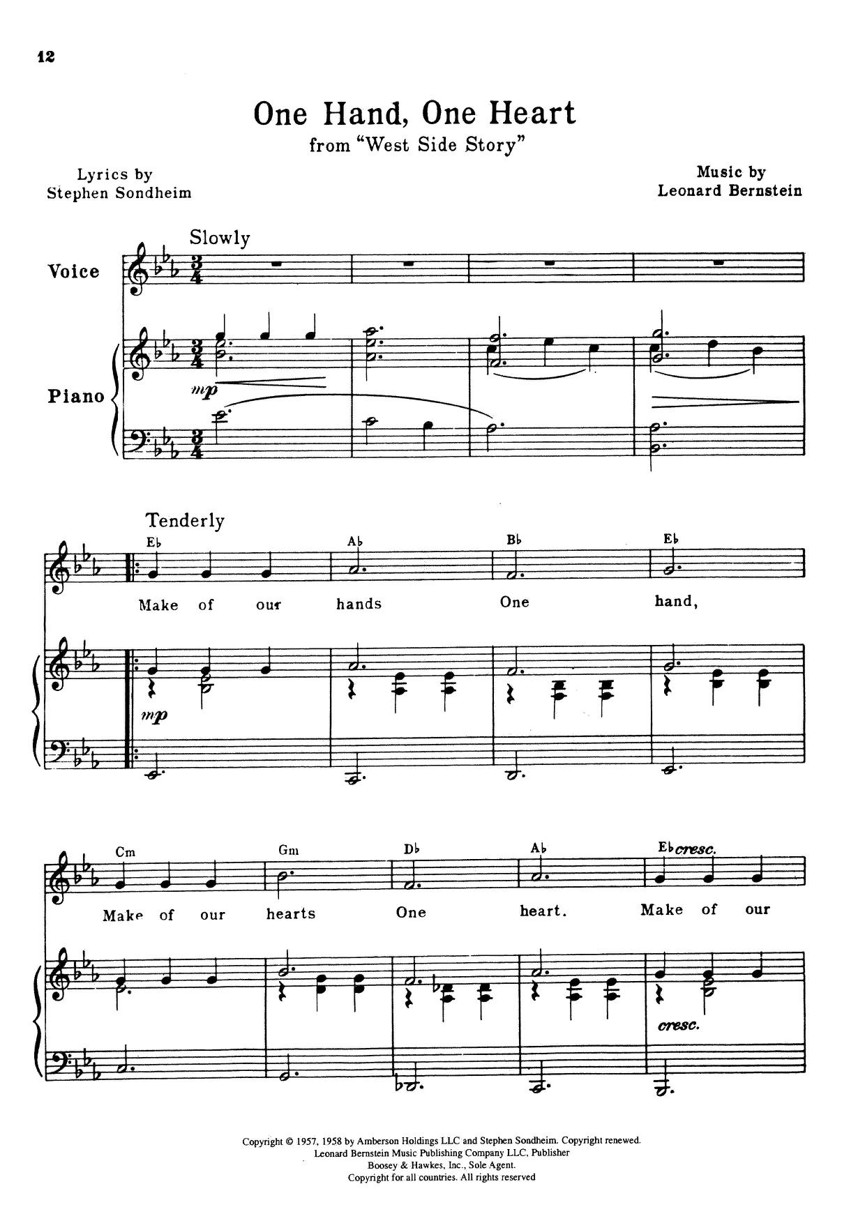 Leonard Bernstein West Side Story Act II One Hand One Heart Sheet