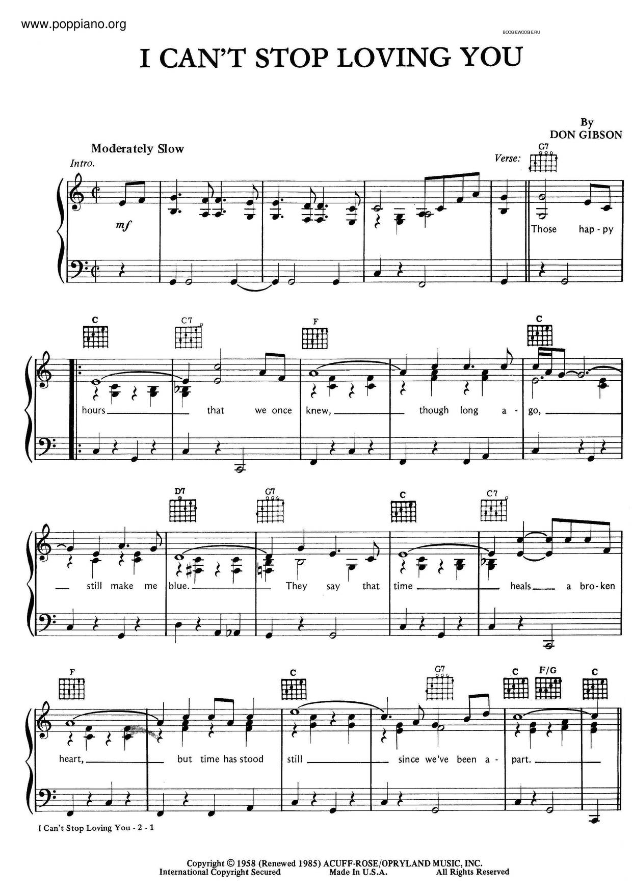 Don Gibson I Cant Stop Loving You Sheet Music Pdf Free Score Download ★ 