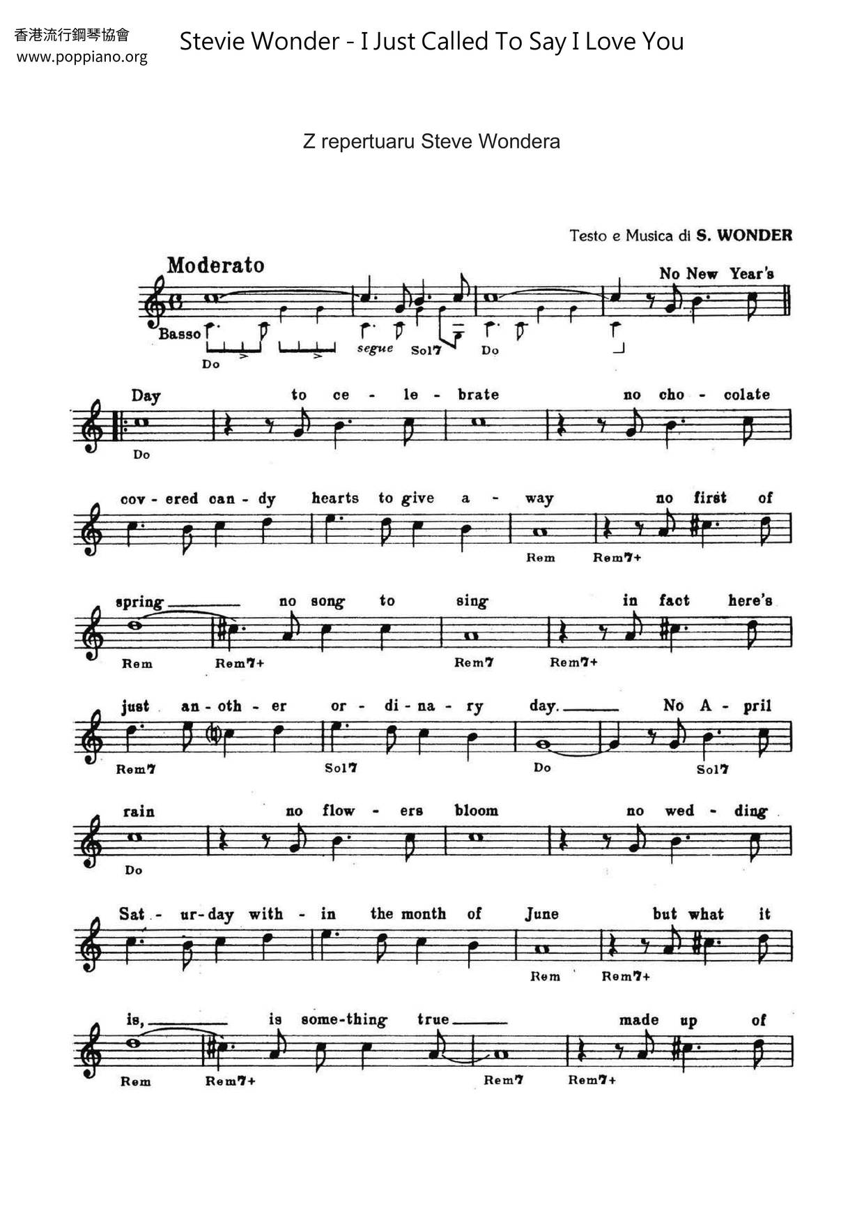 Stevie Wonder I Just Called To Say I Love You Sheet Music Pdf Free 