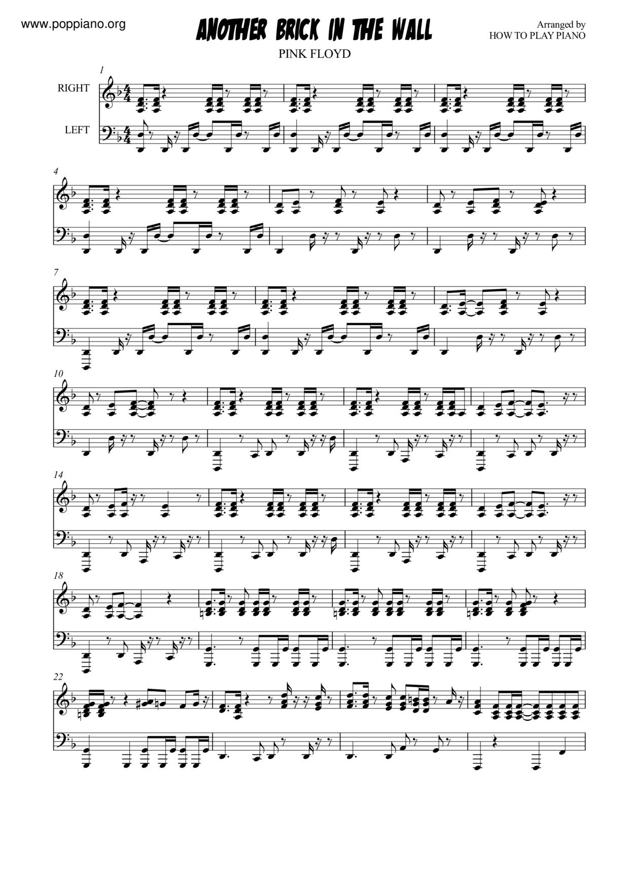 Another Brick In The Wall Sheet music for Piano (Solo) Easy