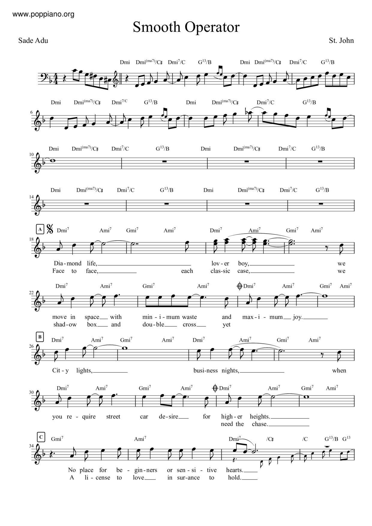 Smooth Operator (High Voice) by Sade - High Voice - Digital Sheet Music
