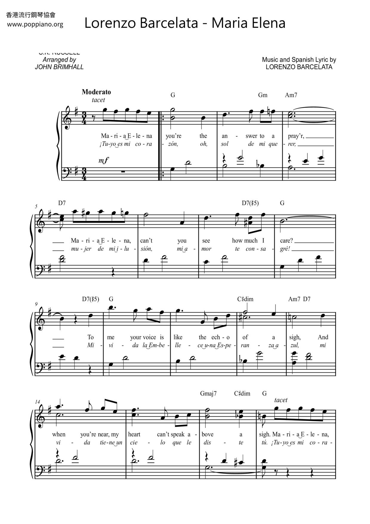 Lorenzo Barcelata Maria Elena Sheet Music Pdf Free Score Download ★ 3348